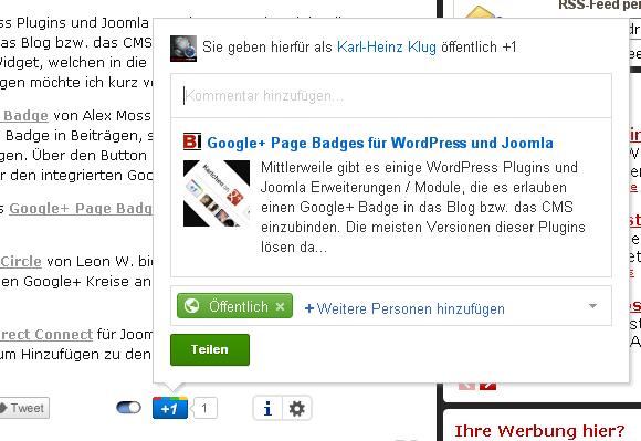 Google Plus Button - Übetragen des Beitrages