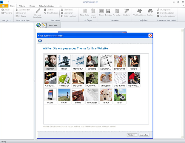 Die Themen Auswahl des Zeta Producer Desktop CMS