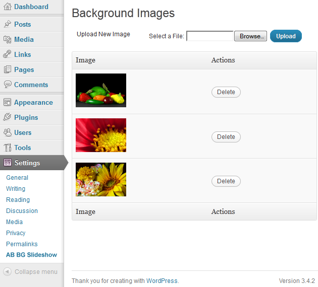 Adminbereich - AB Background Slidshow für WordPress Blogs