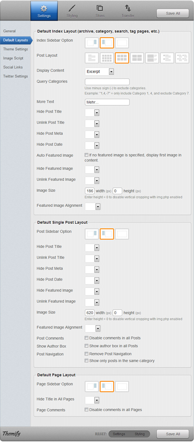 Eine der Seiten des Themify- Option- Panel