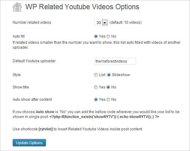WP Related Youtube Videos Einstellungen Admin Bereich